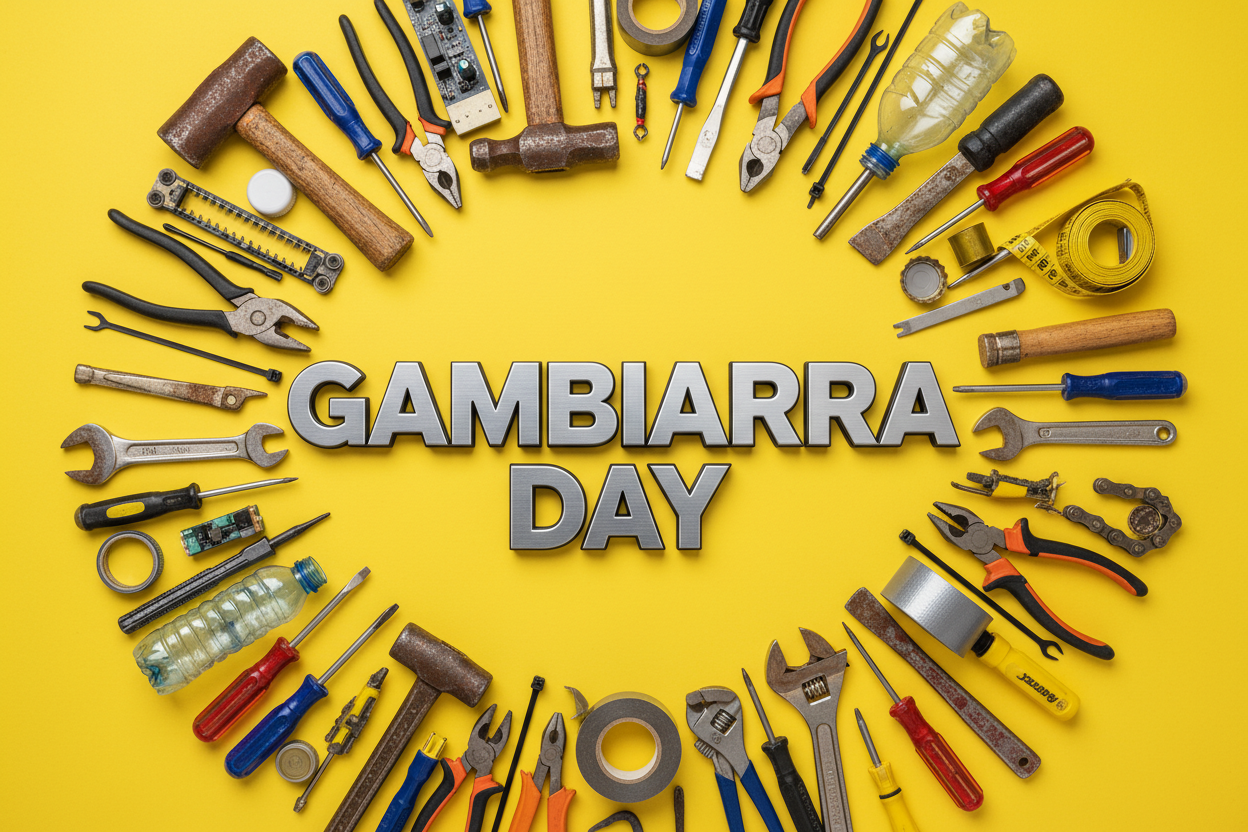 Ferramentas e utencilios na imagem com o nome Gambiarra Day ao centro de tudo. Fundo amarelo com letras em Cinza Metalico.